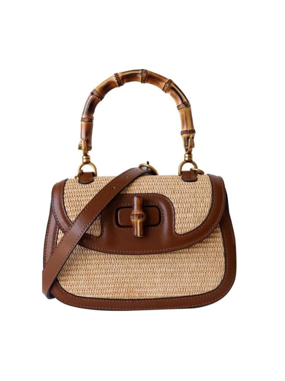 Women's Handmade Straw Tote Handbags，Genuine Leather+Straw Woven Bamboo Top